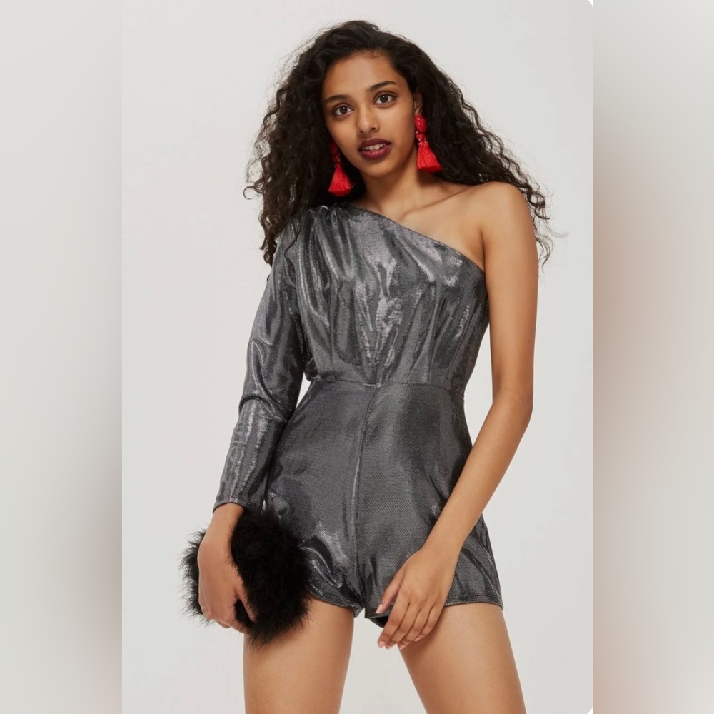 TOPSHOP Size 2 Black Silver Chain Mail One Shoulder Playsuit